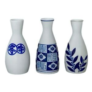 Porcelain Blue and White Sake Pourer Set - 3 Pack